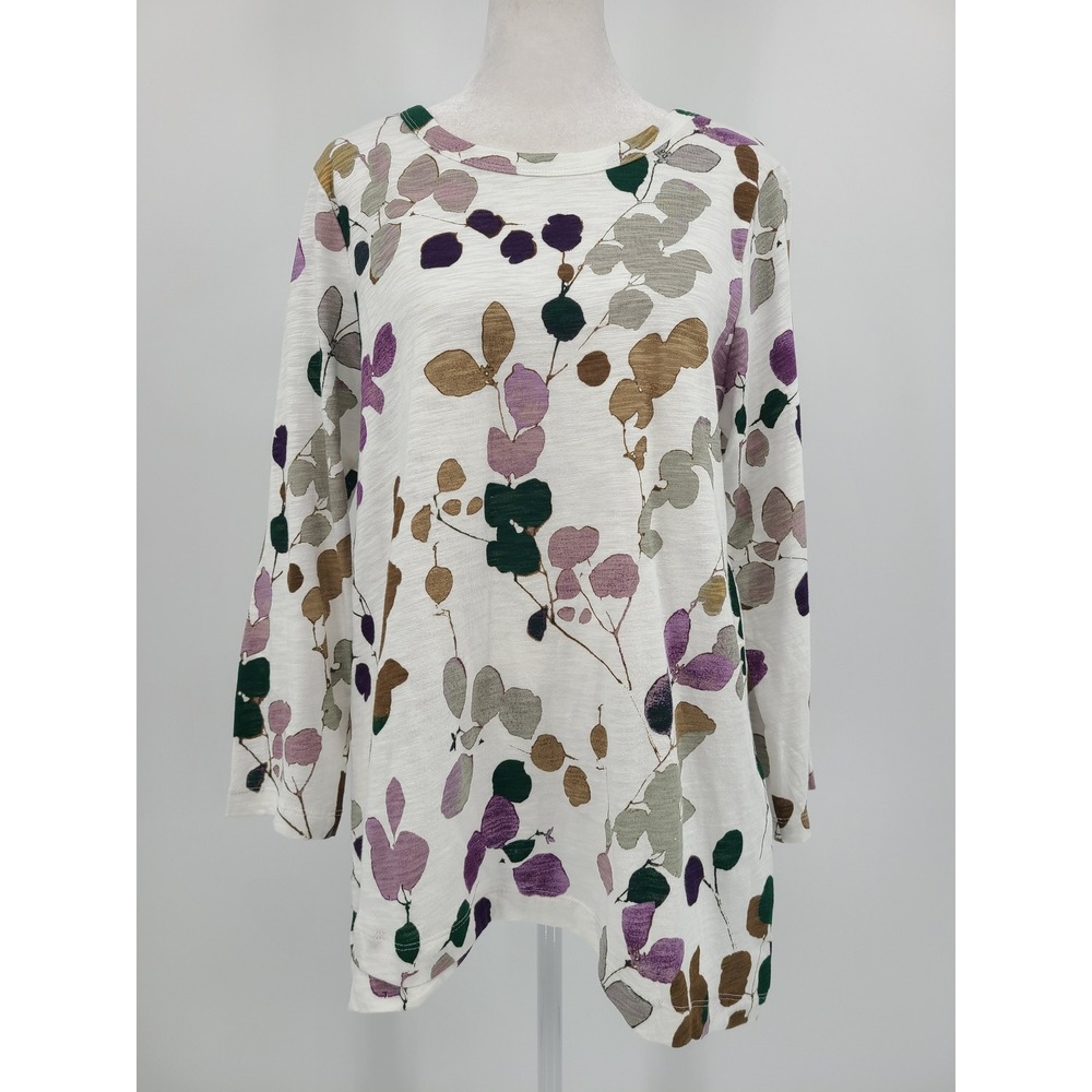 Chico's Botanical Floral Shirt Tunic 1 M NWT Slub Cotton Relaxed Overlap Hem